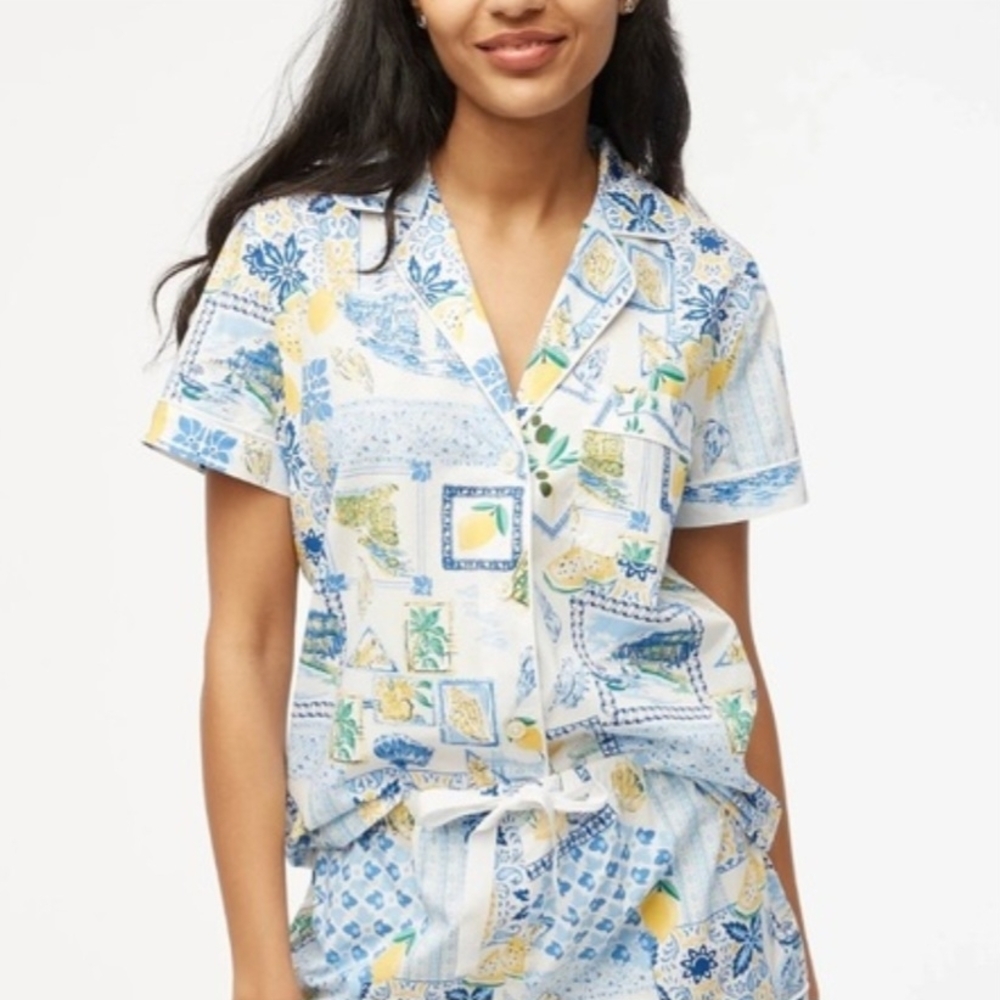 J. Crew Short Sleeve Sleep Shirt Blue and Yellow‎ Patterned